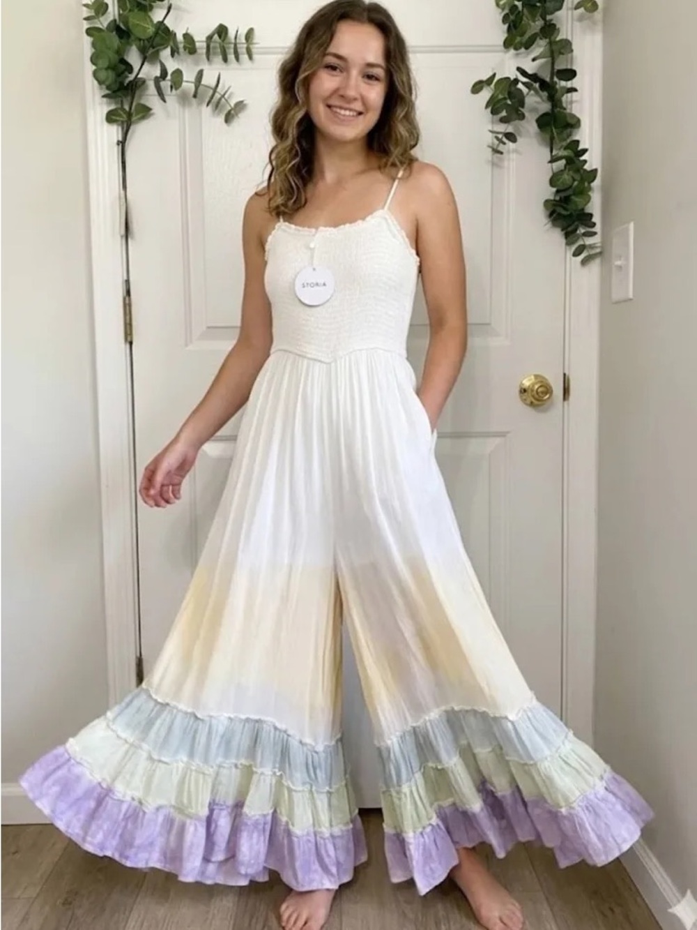 Storia off white Smocked Tiered Wide-Leg Jumpsuit with Pastel Bands